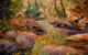 Pintura a óleo de um rio na floresta.